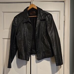 Black Faux Leather Jacket - Women's Classic Collar Coat Size S/M